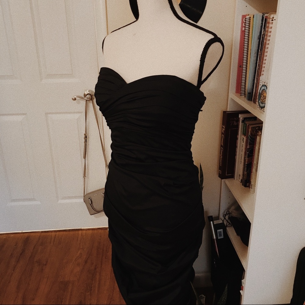 theia dark navy ruffle body dress | size 6 - Picture 2 of 5